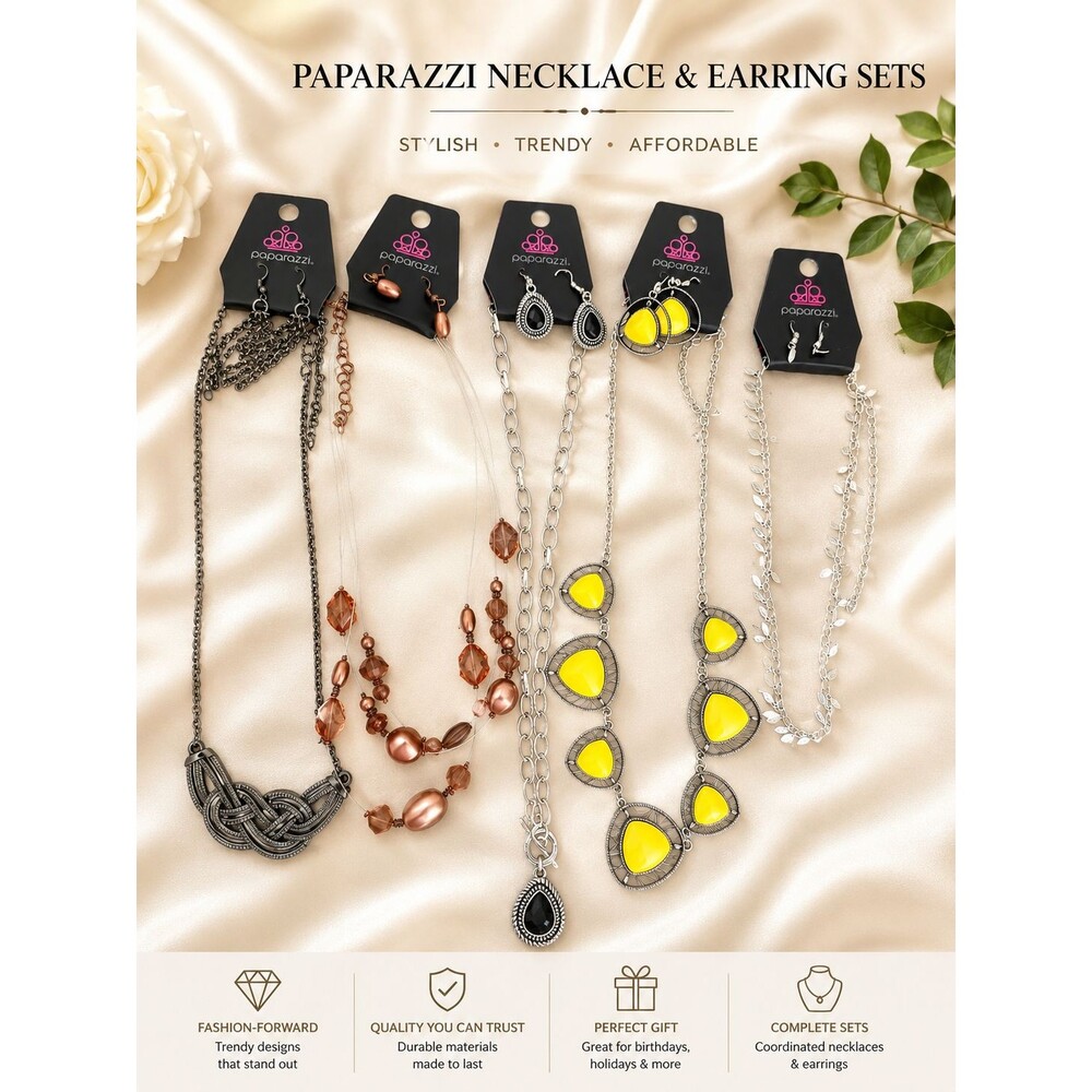 Paparazzi Jewelry Lot 5 Sets Matching Necklaces Earrings Silver Gold Wood